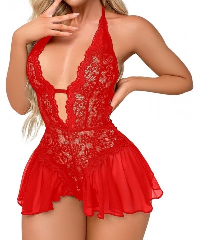 Valentine Day Lace Lingerie for Women Plus Size Babydoll Strap Chemise Halter Teddy V Neck Exotic Teddy Nightgown 05_rd2 $8.1...