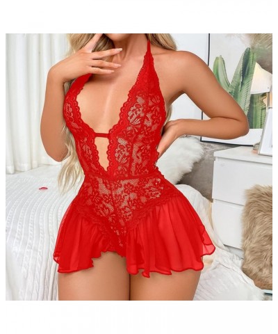 Valentine Day Lace Lingerie for Women Plus Size Babydoll Strap Chemise Halter Teddy V Neck Exotic Teddy Nightgown 05_rd2 $8.1...