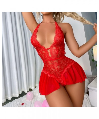 Valentine Day Lace Lingerie for Women Plus Size Babydoll Strap Chemise Halter Teddy V Neck Exotic Teddy Nightgown 05_rd2 $8.1...