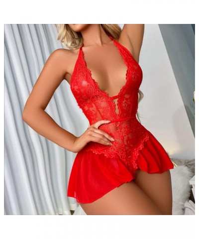 Valentine Day Lace Lingerie for Women Plus Size Babydoll Strap Chemise Halter Teddy V Neck Exotic Teddy Nightgown 05_rd2 $8.1...