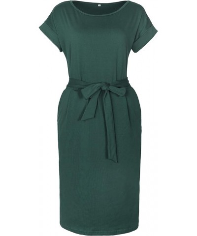 Women's Striped Elegant Short Sleeve Wear to Work Casual Pencil Dress with Belt A1 Dark Green $19.23 Dresses