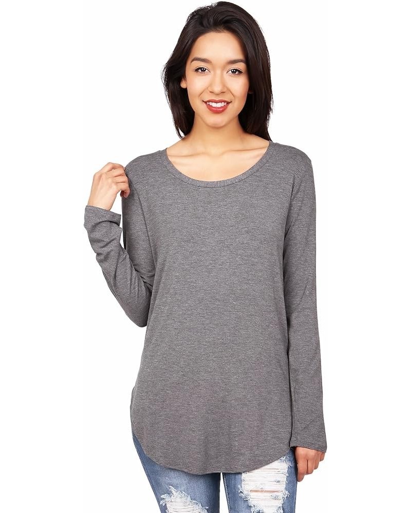 Women's Long Sleeve Round Neck Top Shirt Coral Heather Charcoal $11.16 T-Shirts