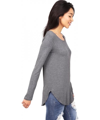 Women's Long Sleeve Round Neck Top Shirt Coral Heather Charcoal $11.16 T-Shirts