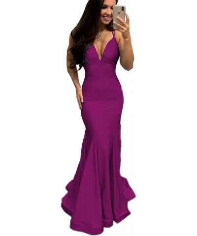 Silk Like Satin Bridesmaid Dresses for Women Wedding Guest Elastic Mermaid Prom Gowns Long Cross Back V-Neck Fuchsia $32.66 D...