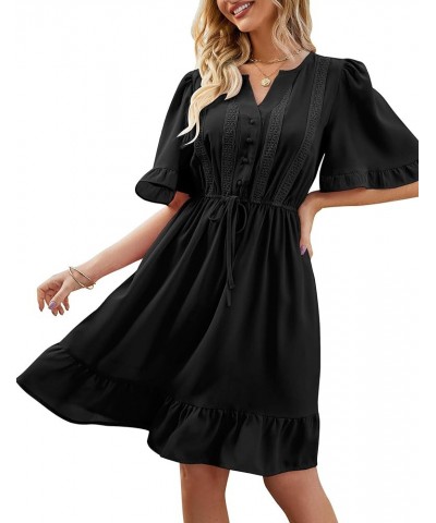 JIAGONG 2023 Women's Summer Dresses Puff Sleeve Floral Ruffle Casual V Neck Elastic High Waist Mini Dresses Black $13.25 Dresses