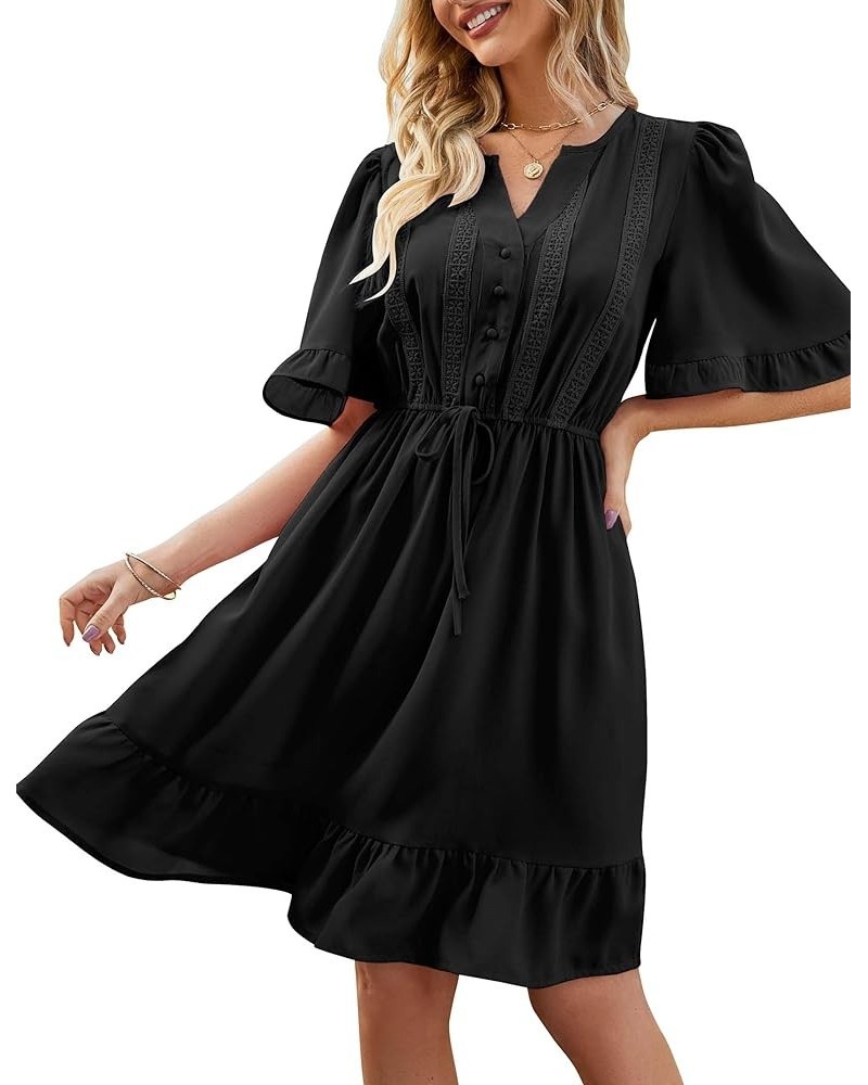 JIAGONG 2023 Women's Summer Dresses Puff Sleeve Floral Ruffle Casual V Neck Elastic High Waist Mini Dresses Black $13.25 Dresses