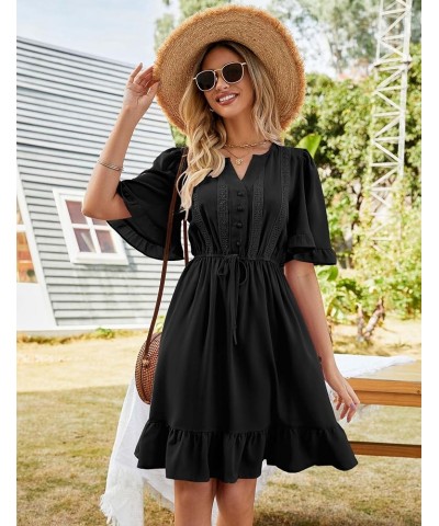 JIAGONG 2023 Women's Summer Dresses Puff Sleeve Floral Ruffle Casual V Neck Elastic High Waist Mini Dresses Black $13.25 Dresses