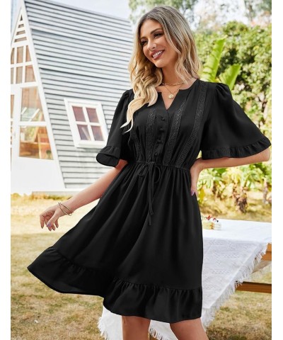 JIAGONG 2023 Women's Summer Dresses Puff Sleeve Floral Ruffle Casual V Neck Elastic High Waist Mini Dresses Black $13.25 Dresses