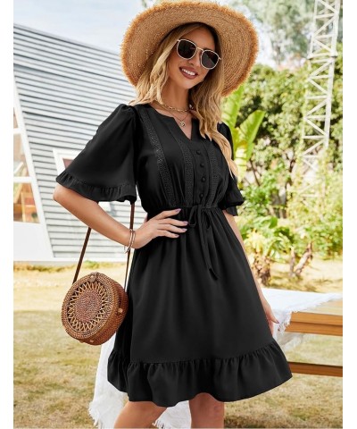 JIAGONG 2023 Women's Summer Dresses Puff Sleeve Floral Ruffle Casual V Neck Elastic High Waist Mini Dresses Black $13.25 Dresses