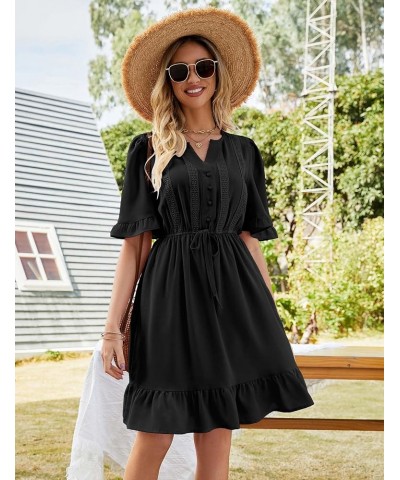 JIAGONG 2023 Women's Summer Dresses Puff Sleeve Floral Ruffle Casual V Neck Elastic High Waist Mini Dresses Black $13.25 Dresses