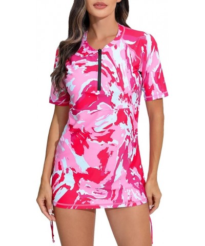 Women's Front Half Zip Short Sleeve Rash Guard Padded Side Drawstring Adjustable Bathing Suit Top Hot Pink Patterned $21.72 S...