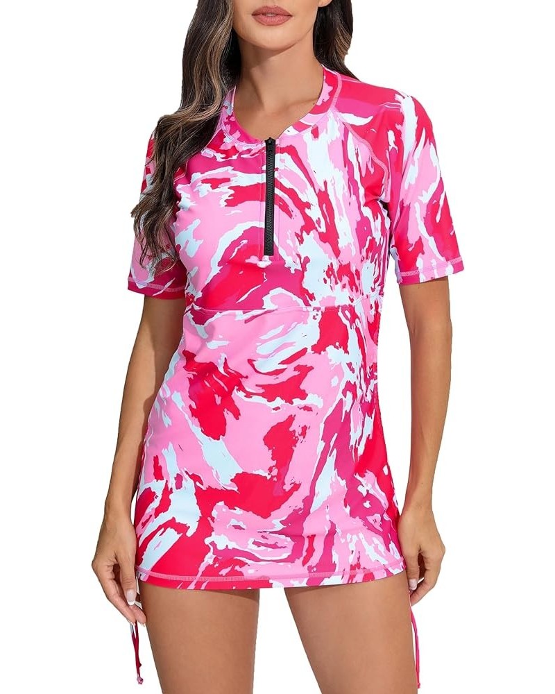 Women's Front Half Zip Short Sleeve Rash Guard Padded Side Drawstring Adjustable Bathing Suit Top Hot Pink Patterned $21.72 S...