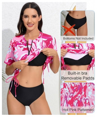 Women's Front Half Zip Short Sleeve Rash Guard Padded Side Drawstring Adjustable Bathing Suit Top Hot Pink Patterned $21.72 S...