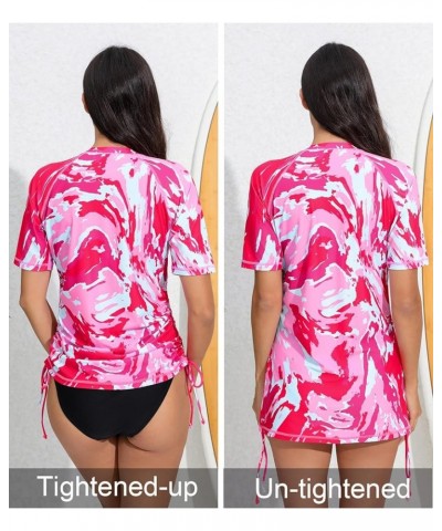 Women's Front Half Zip Short Sleeve Rash Guard Padded Side Drawstring Adjustable Bathing Suit Top Hot Pink Patterned $21.72 S...