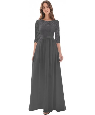 GORCENT Crew Neck Chiffon Mother of The Bride Dress A Line Lace Applique Wedding Guest Dress Ruched Long Formal Dress Steel G...