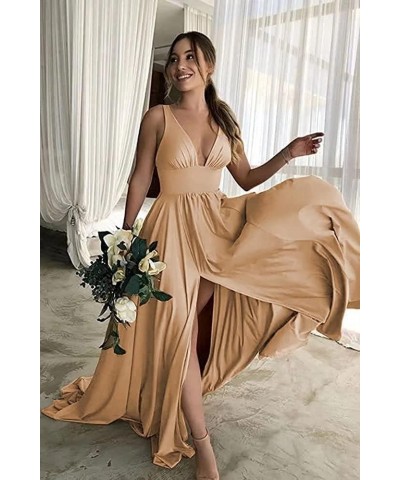 Women's V-Neck Prom Dress Long Bridesmaid Dresses with Slit Satin Evening Formal Gowns with Pockets Dusty Sage $29.14 Dresses