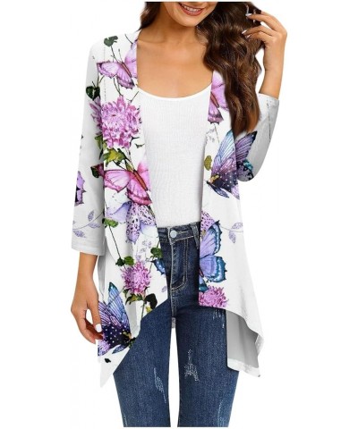 Plus Size Cardigan Asymmetric Hem Draped Cute 3/4 Sleeve Summer Tops Vintage Flowy Half Sleeves Jacket with Pocket & Purple-0...