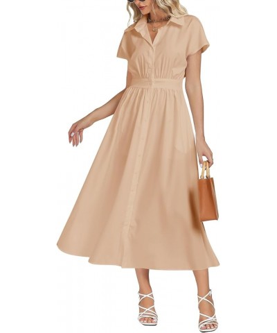 Women's Collar Neck Elastic Waist Short Sleeve Button A Line Elegant Long Dress Khaki $20.50 Dresses