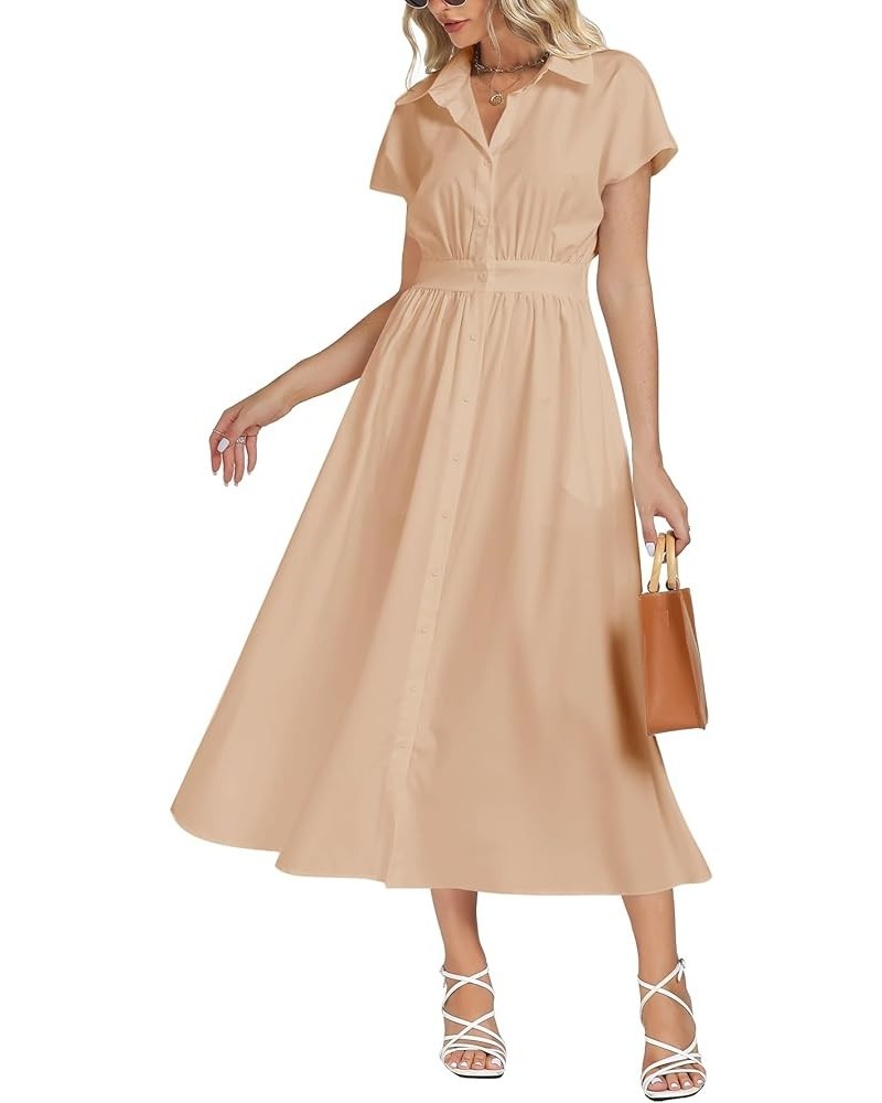 Women's Collar Neck Elastic Waist Short Sleeve Button A Line Elegant Long Dress Khaki $20.50 Dresses