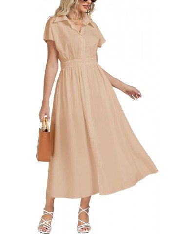 Women's Collar Neck Elastic Waist Short Sleeve Button A Line Elegant Long Dress Khaki $20.50 Dresses