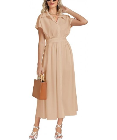 Women's Collar Neck Elastic Waist Short Sleeve Button A Line Elegant Long Dress Khaki $20.50 Dresses