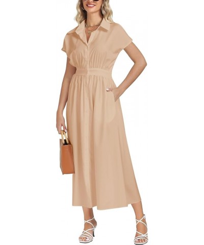 Women's Collar Neck Elastic Waist Short Sleeve Button A Line Elegant Long Dress Khaki $20.50 Dresses