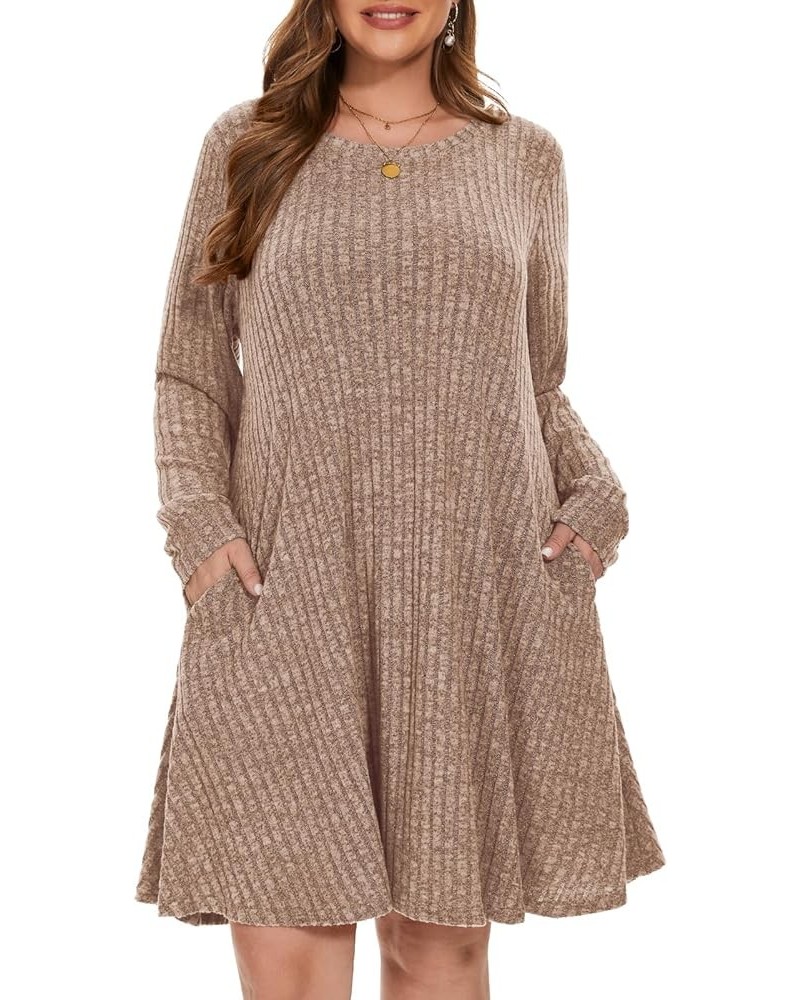 Women Plus Size Sweater Dress Plus Size Dresses Crew Neck Long Sleeve Casual Fall Winter Tunic Dress Pockets V-khaki $14.40 D...