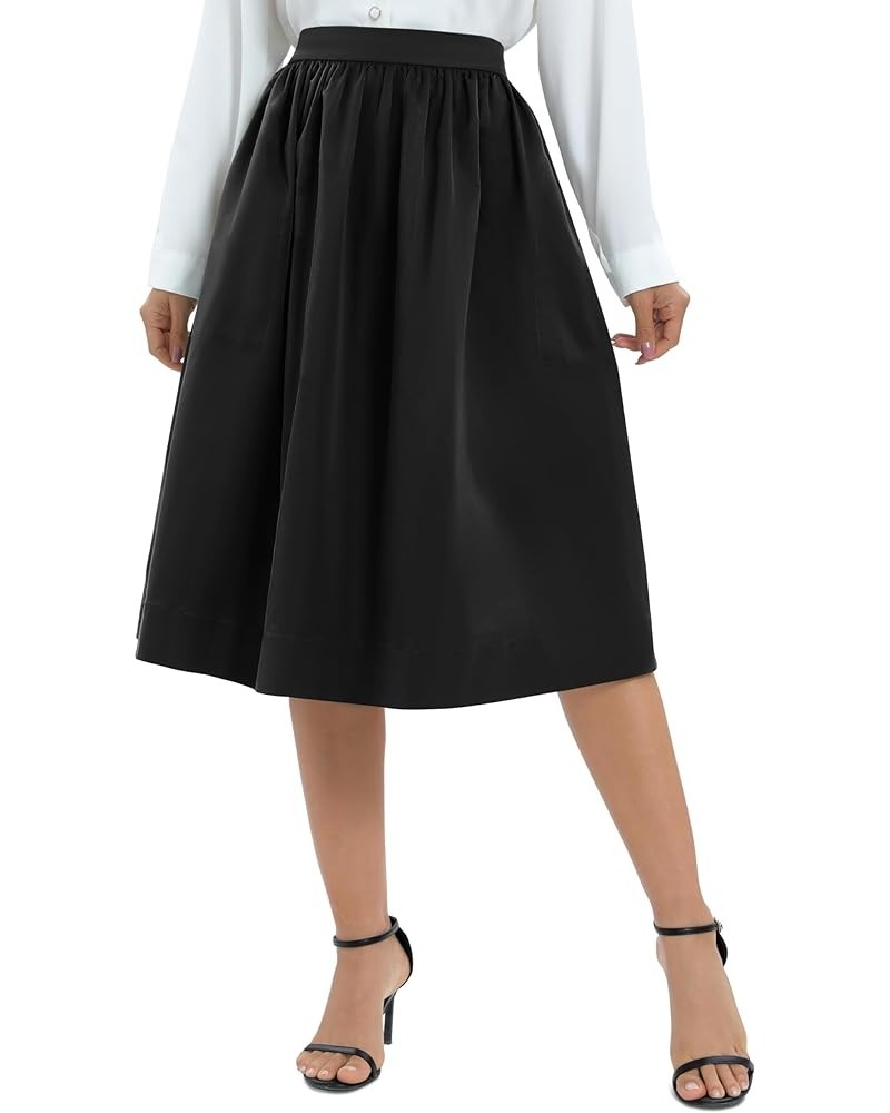 Women's Casual Elastic Waist Vintage A-Line Pleated Flared Midi Skirt with Pockets Black $9.94 Skirts