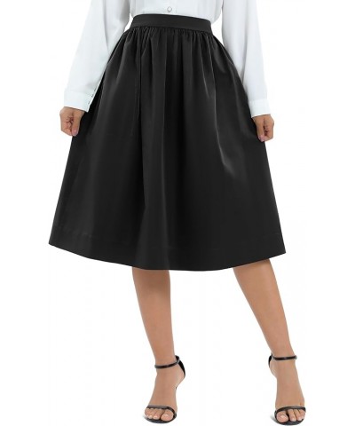 Women's Casual Elastic Waist Vintage A-Line Pleated Flared Midi Skirt with Pockets Black $9.94 Skirts