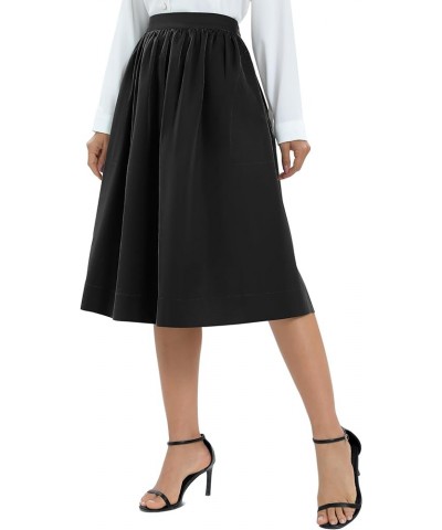 Women's Casual Elastic Waist Vintage A-Line Pleated Flared Midi Skirt with Pockets Black $9.94 Skirts