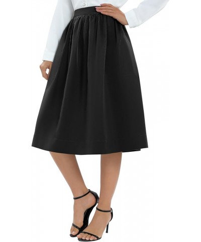 Women's Casual Elastic Waist Vintage A-Line Pleated Flared Midi Skirt with Pockets Black $9.94 Skirts