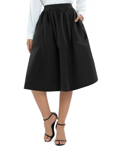 Women's Casual Elastic Waist Vintage A-Line Pleated Flared Midi Skirt with Pockets Black $9.94 Skirts