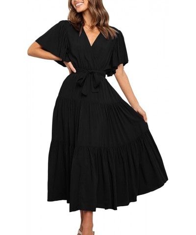 Women's Wrap V Neck Flounce Short Sleeve Tie Waist Ruffle Hem A Line Beach Midi Dress Solid Black $12.00 Dresses