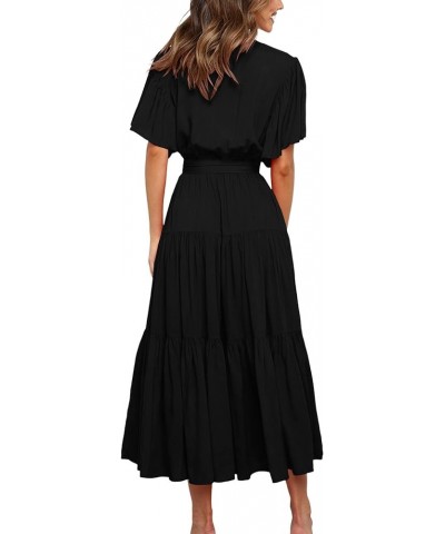 Women's Wrap V Neck Flounce Short Sleeve Tie Waist Ruffle Hem A Line Beach Midi Dress Solid Black $12.00 Dresses