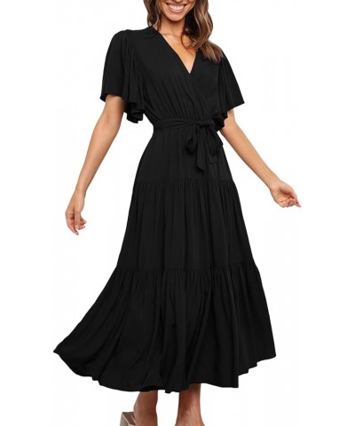 Women's Wrap V Neck Flounce Short Sleeve Tie Waist Ruffle Hem A Line Beach Midi Dress Solid Black $12.00 Dresses