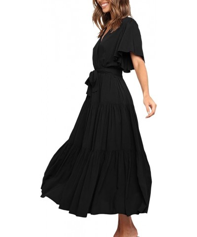 Women's Wrap V Neck Flounce Short Sleeve Tie Waist Ruffle Hem A Line Beach Midi Dress Solid Black $12.00 Dresses