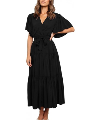 Women's Wrap V Neck Flounce Short Sleeve Tie Waist Ruffle Hem A Line Beach Midi Dress Solid Black $12.00 Dresses