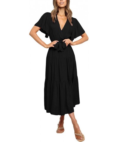 Women's Wrap V Neck Flounce Short Sleeve Tie Waist Ruffle Hem A Line Beach Midi Dress Solid Black $12.00 Dresses