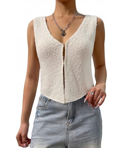 Women's Crochet Sweater Vest Top Y2k Knit V Neck Sleeveless Button Down Streetwear Beige $10.50 Sweaters