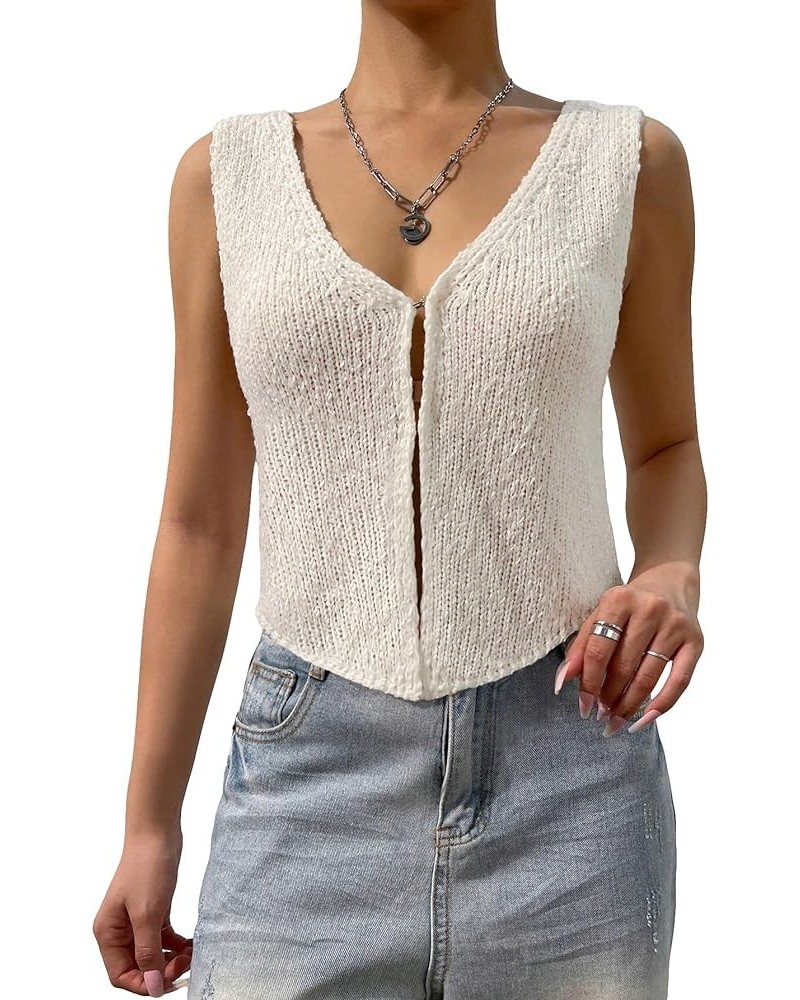 Women's Crochet Sweater Vest Top Y2k Knit V Neck Sleeveless Button Down Streetwear Beige $10.50 Sweaters