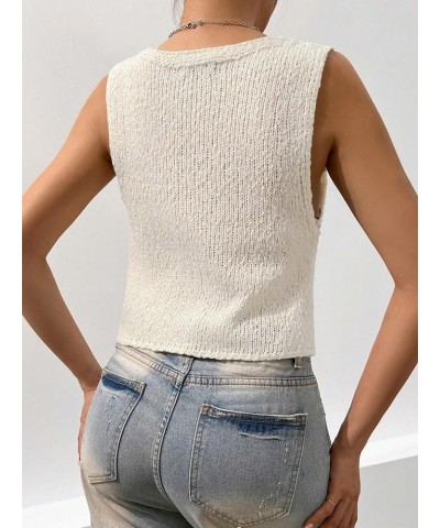 Women's Crochet Sweater Vest Top Y2k Knit V Neck Sleeveless Button Down Streetwear Beige $10.50 Sweaters