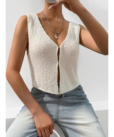 Women's Crochet Sweater Vest Top Y2k Knit V Neck Sleeveless Button Down Streetwear Beige $10.50 Sweaters