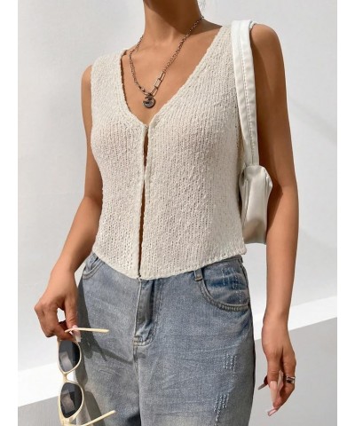 Women's Crochet Sweater Vest Top Y2k Knit V Neck Sleeveless Button Down Streetwear Beige $10.50 Sweaters