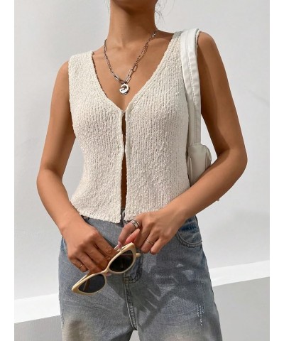 Women's Crochet Sweater Vest Top Y2k Knit V Neck Sleeveless Button Down Streetwear Beige $10.50 Sweaters