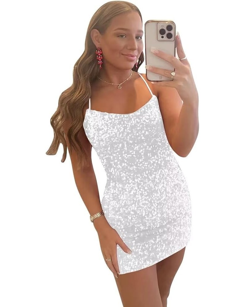 Short Homecoming Dresses Sequin Spaghetti Straps Backless Sparkly Cocktail Party Dresses White $28.70 Dresses