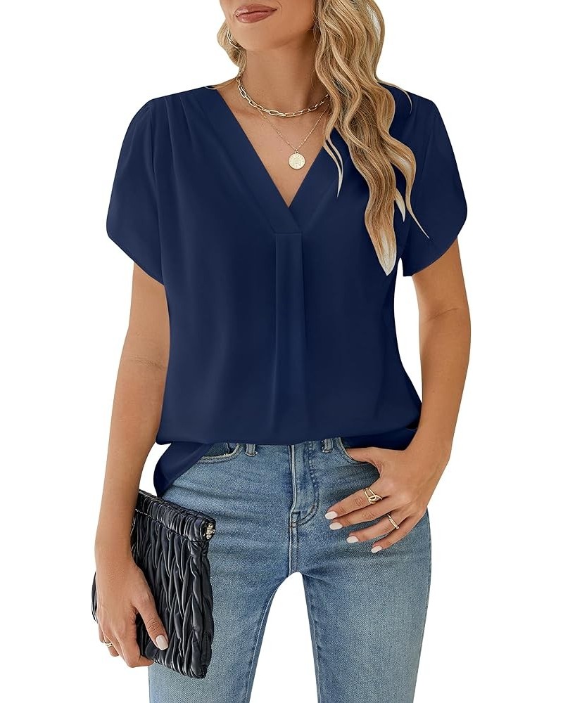 Women's Dressy Casual Blouses White Business Work Tops Petal Short Sleeve V Neck T Shirt Summer Outfits 2024 Blue $12.71 Blouses