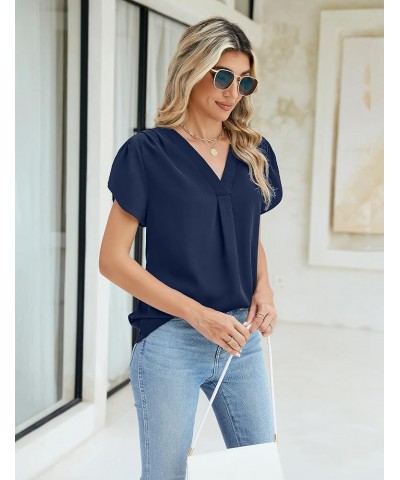 Women's Dressy Casual Blouses White Business Work Tops Petal Short Sleeve V Neck T Shirt Summer Outfits 2024 Blue $12.71 Blouses