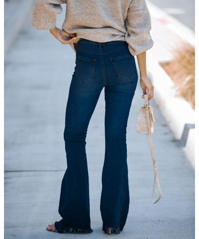 Women's Vintage Hight Waisted Ripped Flare Jeans Stretch Distressed Fitted Denim Pants Dark Blue-01 $18.19 Jeans