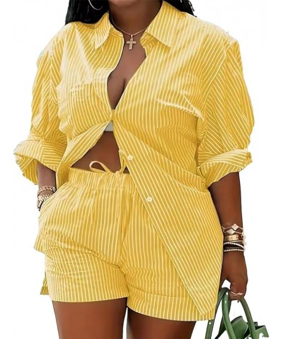 2 Piece Outfits for Women Long Sleeve Printed Shirt and Elastic Lace-Up Shorts with Pockets Sexy Casual Sport Set Yellow Stri...