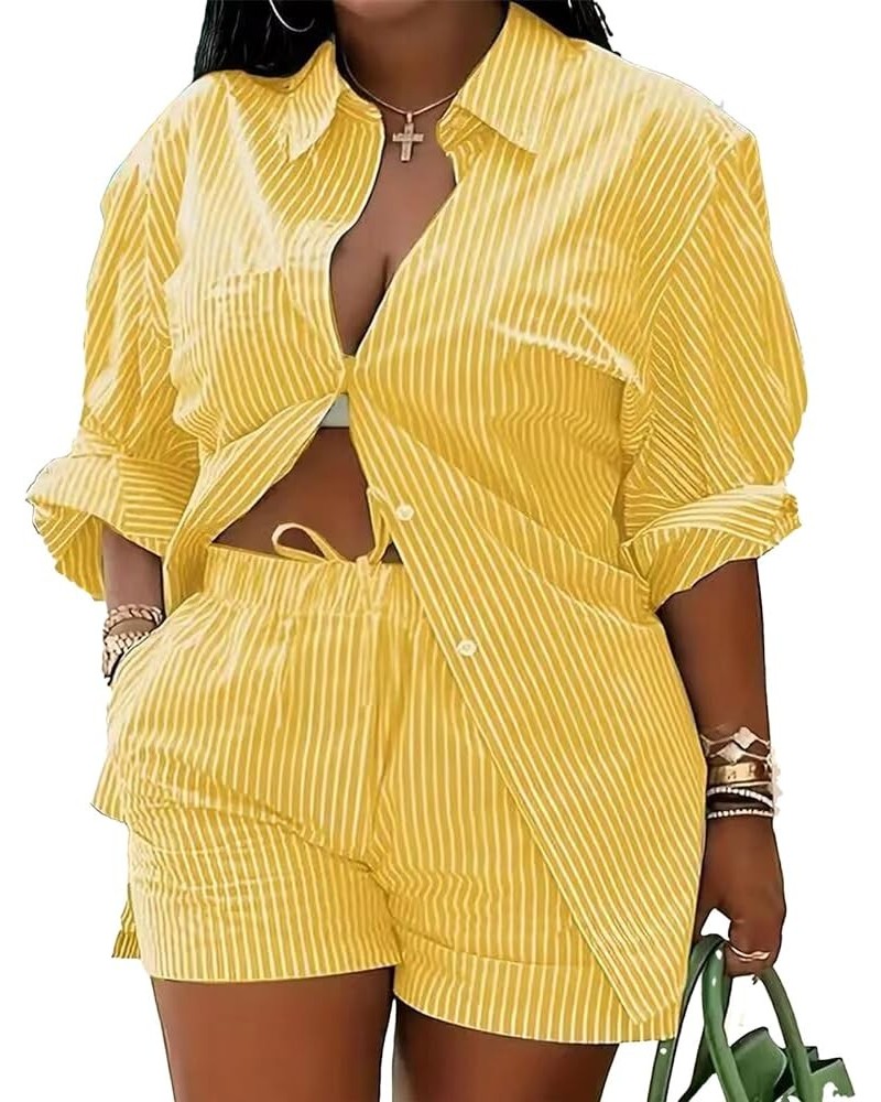 2 Piece Outfits for Women Long Sleeve Printed Shirt and Elastic Lace-Up Shorts with Pockets Sexy Casual Sport Set Yellow Stri...